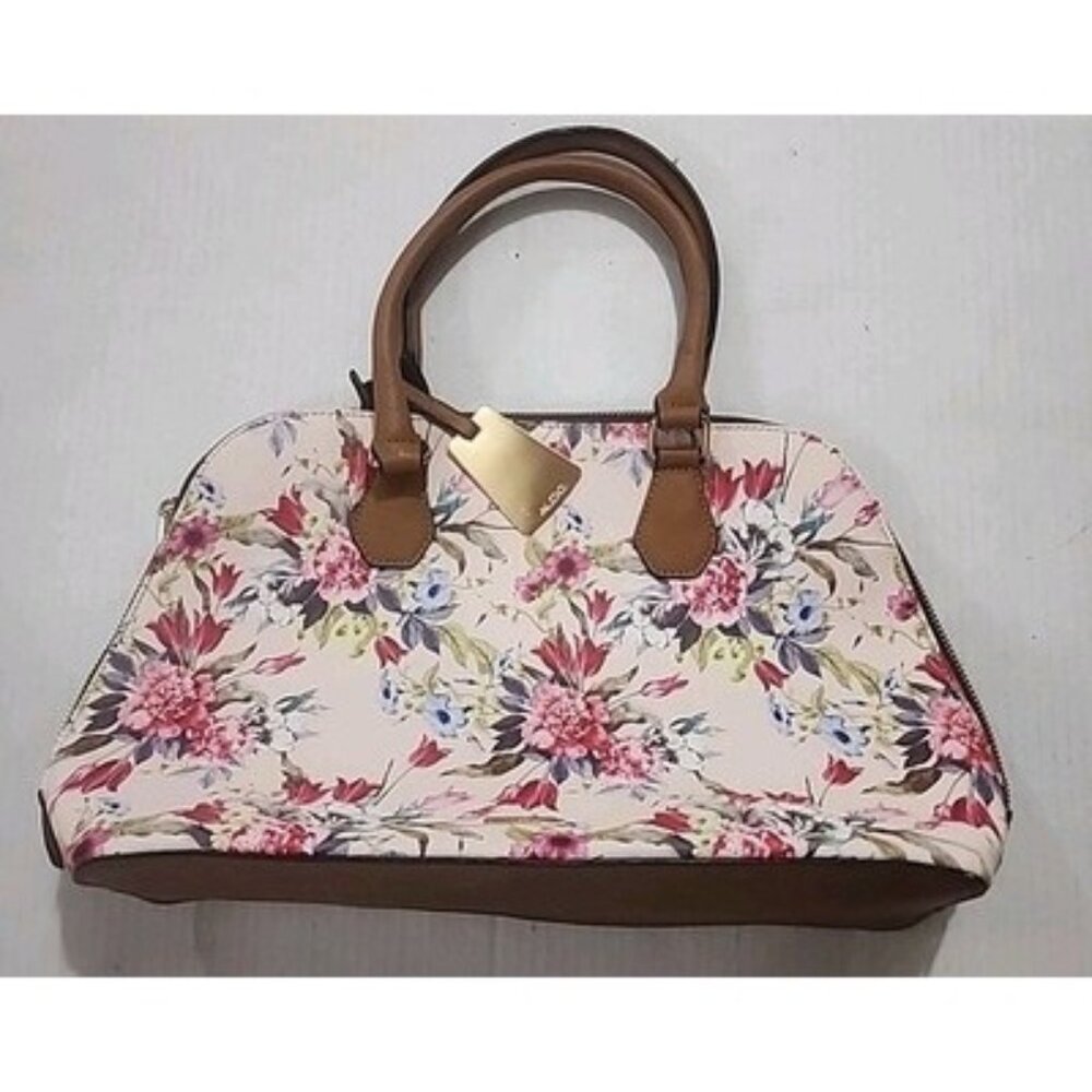 Floral Print Satchel Handbag in Cream and Brown